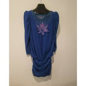 Vintage New Leaf by Samir Ruched Applique Puff Sleeve Mini Dress Crinkle Blue